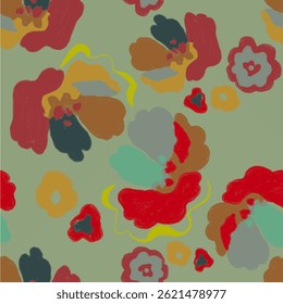 Seamless floral pattern with red, green, black and brown color hand drawn art watercolor textured flower and leaf background elements. Flower garden wallpaper pattern design vector