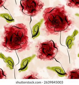 Seamless floral pattern with red and green hand drawn abstract flower and leaf background elements. Flower garden wallpaper design vector