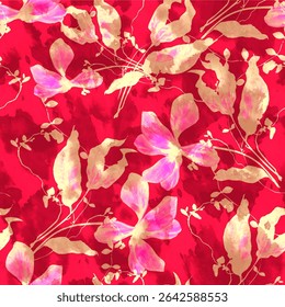 Seamless floral pattern with red and green hand drawn abstract flower and leaf background elements. Flower garden wallpaper design vector
