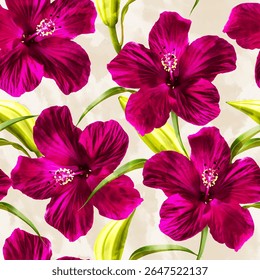 Seamless floral pattern with red and green hand drawn abstract flower and leaf background elements. Flower garden wallpaper design vector