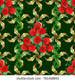 Seamless Floral Pattern in red, green and blue colors. Vector poppy flowers seamless pattern.