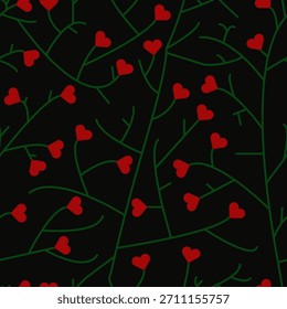 A seamless floral pattern with red hearts. Glowing love concept. Valentine's background.