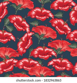 Seamless floral pattern red Hibiscus flowers on isolated dark blue background.Vector illustration hand drawn.