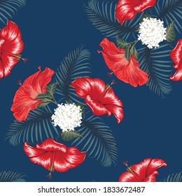 Seamless floral pattern red Hibiscus flowers on isolated dark blue background.Vector illustration hand drawn.