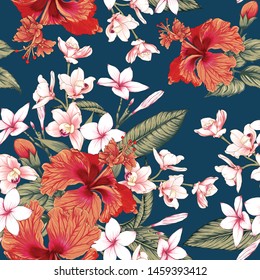 Seamless floral pattern red Hibiscus,pink pastel Frangipani and Orchid flowers on isolated dark blue background.Vector illustration watercolor hand drawning.