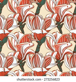 Seamless floral pattern with red magnolia blossom. 