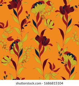 Seamless floral pattern in red, orange, tangerine colors. Delicate, graceful background of inflorescences, petals, leaves, stems and flowers hand drawn with ink. Vector illustration with plants.