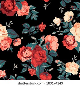 Seamless floral pattern with of red and orange roses on black background. Vector illustration.