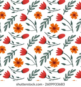 Seamless floral pattern with red and orange hand drawn flowers and green leaves on white background. Perfect for spring designs, fabric, wrapping paper, and digital projects.