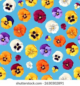 Seamless floral pattern with red, orange, yellow, purple, and white pansy flowers on a blue background. Vector floral print. Hand-drawn illustration, not AI