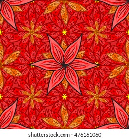 Seamless floral pattern with red and orange flowers. Vector.