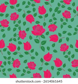 seamless floral pattern . red floral over  Green Sheen background. red rose flower pattern for fashion, wrapping, printing on fabrics and surface. Vector illustration eps file.