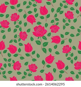seamless floral pattern . red floral over  muted olive background. red rose flower pattern for fashion, wrapping, printing on fabrics and surface. Vector illustration eps file.
