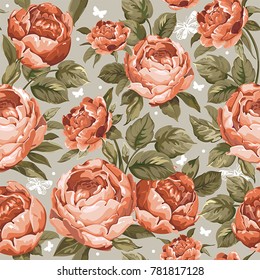 Seamless floral pattern with red peony. Elegant retro background for textile design with flowers
