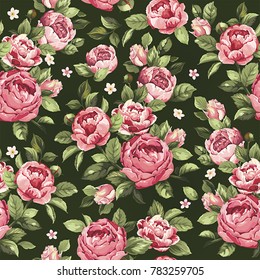 Seamless floral pattern with red peony. Elegant retro background for textile design with flowers
