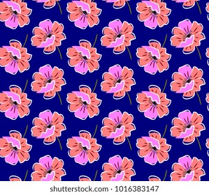 Seamless floral pattern with red and pink poppies on bright blue background in vector.