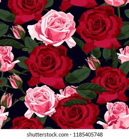 Seamless floral pattern with red, pink roses and green leaves on black background. Vector illustration.