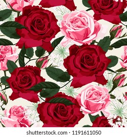 Seamless floral pattern with red and pink roses and white herbs on light mint background. Vector illustration.