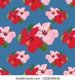 Seamless floral pattern red and pink pastel color Hibiscus flowers on blue abstract background.Vector illustration watercolor hand drawn doodle style.