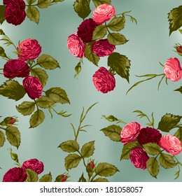 Seamless floral pattern with of red and pink roses. Vector background.