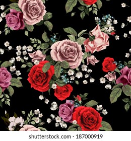 Seamless floral pattern with of red and pink roses on black background, watercolor. Vector illustration.