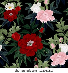 Seamless floral pattern with red, pink and white roses on black background. Vector illustration.