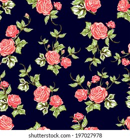 Seamless floral pattern with of red and pink roses on black background