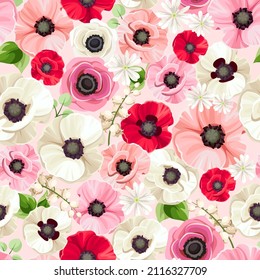 Seamless floral pattern with red, pink, and white poppy, anemone, and lily of the valley flowers