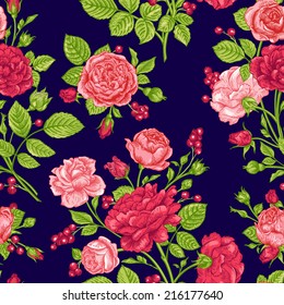 Seamless floral pattern with red and pink roses and berries on a dark background. Vintage vector illustration.