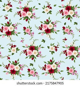 Seamless floral pattern with red, pink, and white roses and freesia flowers on a blue background. Vector illustration 