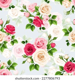 Seamless floral pattern with red, pink, and white rose flowers on a blue background. Vector illustration 