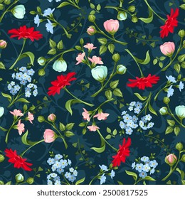 Seamless floral pattern with red, pink, and blue flowers on a dark blue background. Vector floral print. Hand-drawn illustration, not AI
