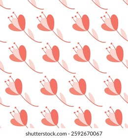 Seamless Floral Pattern with Red and Pink Petals on White Background. Elegant seamless vector pattern depicting stylized red and pink floral motifs with simple leaves.