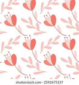 Padrão floral contínuo com motivos botânicos vermelhos e rosa no branco. Delicioso padrão floral sem emenda com flores vermelhas e cor-de-rosa com elementos botânicos abstratos. Perfeito para têxteis, papel de parede