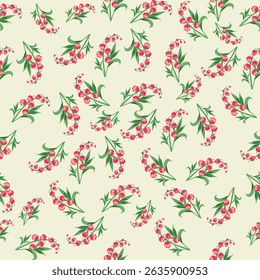 Seamless floral pattern with red and pink bell-shaped flowers and green foliage on a soft cream background. Ideal for vintage-style textiles, feminine designs, spring fashion, or home decor.