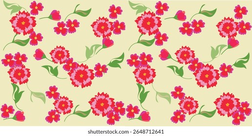 Seamless floral pattern with red and pink stylized flowers and green leaves on cream background, ideal for textile prints, wallpapers, wrapping paper, digital backgrounds, and invitations