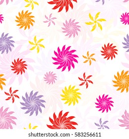 Seamless floral pattern with red, pink, yellow flowers. Vector illustration.