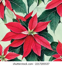 A seamless floral pattern of red Poinsettia on a green background, Christmas plant, decoration pattern for present wrapping, cards.