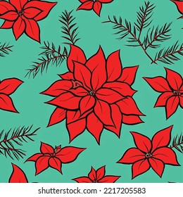 A seamless floral pattern of red Poinsettia on a green background, Christmas plant, decoration pattern for present wrapping, cards.