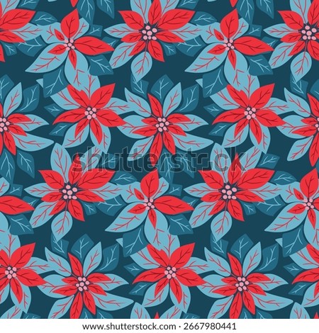Seamless floral pattern with red poinsettia flowers and blue leaves on a dark background. Concept of festive decoration, winter holiday, and seasonal botanical design
