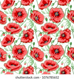 Seamless floral pattern, red poppies, flowers texture, vector illustration