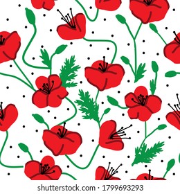 Patrón floral sin foco con amapolas rojas. Flores brillantes en un punto de polka de fondo blanco. Impresión moderna para el diseño de moda.
