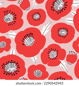 Seamless floral pattern with red poppies in Scandinavian style. Botanical texture for fabric, textile, wallpaper. Vector illustration