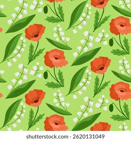Seamless floral pattern with red poppies and lily of the valley on green background. Botanical vector design symbolizing spring freshness, beauty, and harmony