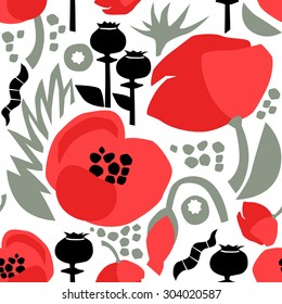 Seamless floral pattern with red poppies in vector.