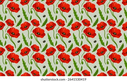Seamless floral pattern with red poppy flowers and green leaves. Cartoon vector background.
