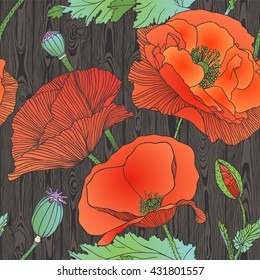 Seamless floral pattern - red poppy on dark wooden background