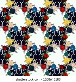 Seamless floral pattern with of red, purple and pink roses on black background, colorful. Vector illustration.