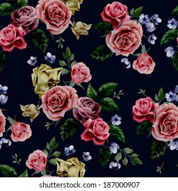 Seamless floral pattern with of red, purple and pink roses on black background, watercolor. Vector illustration.