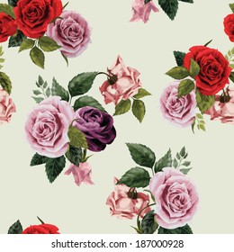 Seamless floral pattern with of red, purple and pink roses on light background, watercolor. Vector illustration.